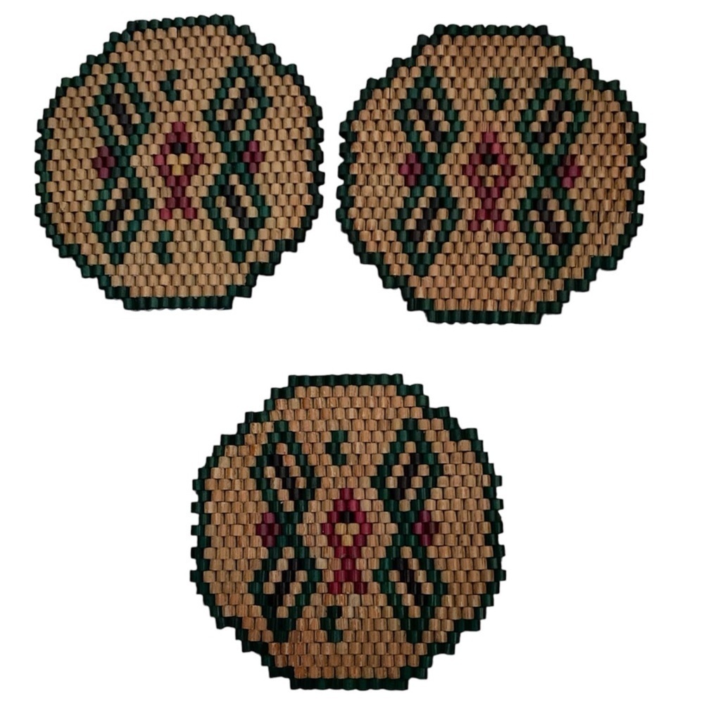 Vintage Set Of 3 Wooden Beaded Geometric Patterned Trivets For Hot Cookware 6in